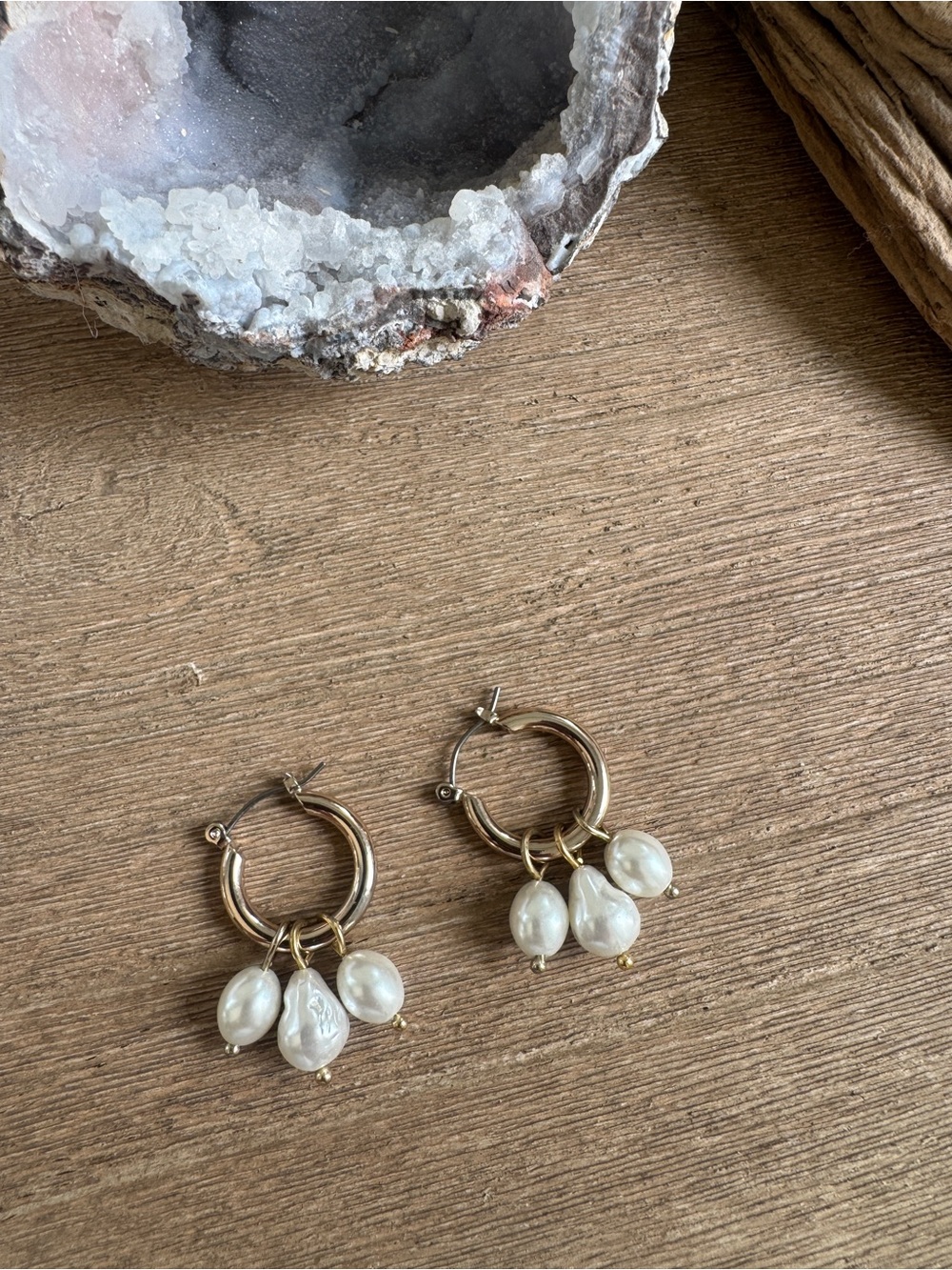 Gold Tone Hoop Earrings with Baroque Pearl Charms Coastal Chic